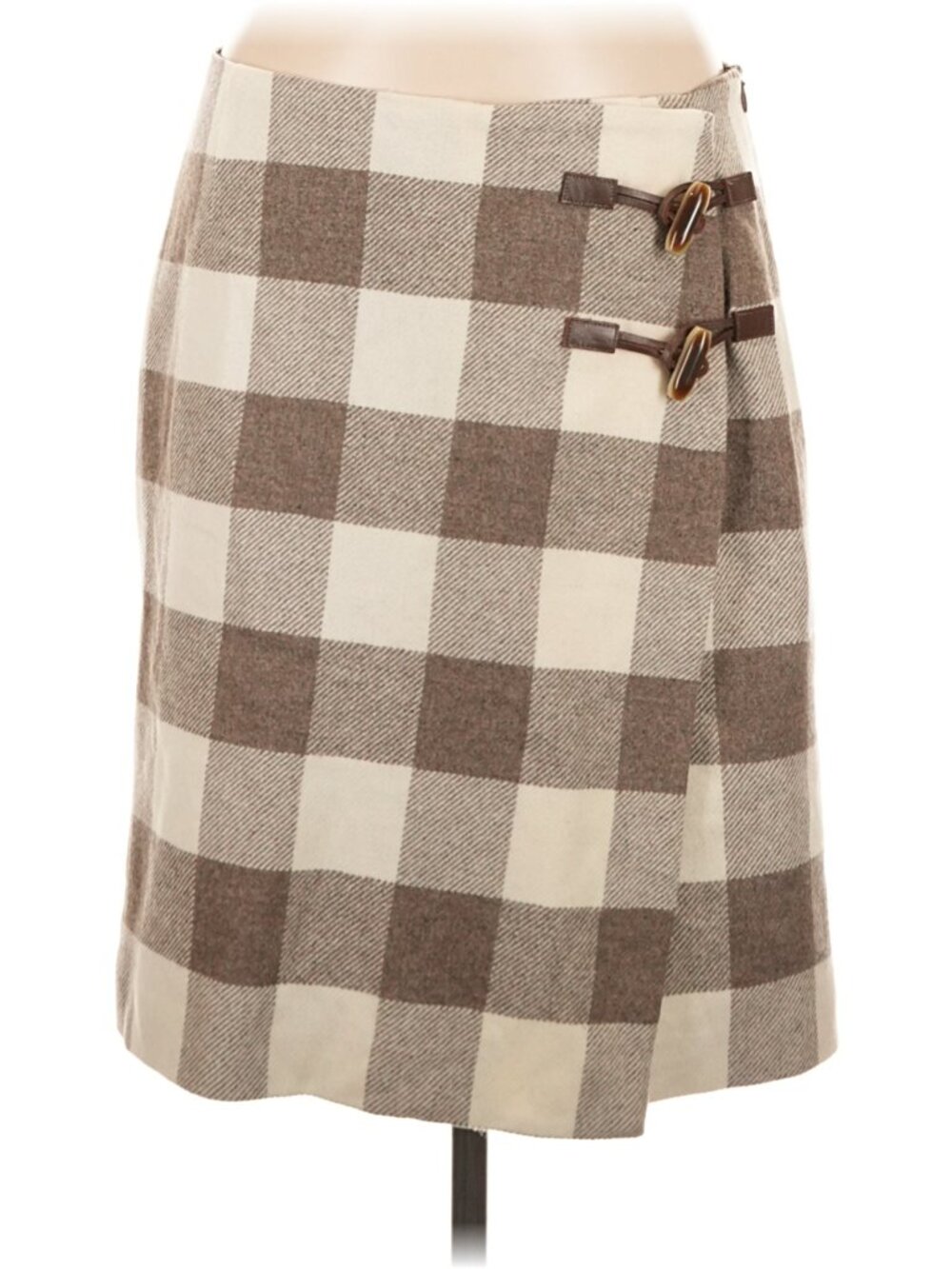 Pendleton Beige/Brown Patchwork Wool Skirt Faux Wrap Toggle Detail USA Made Sz 8 - Picture 3 of 6